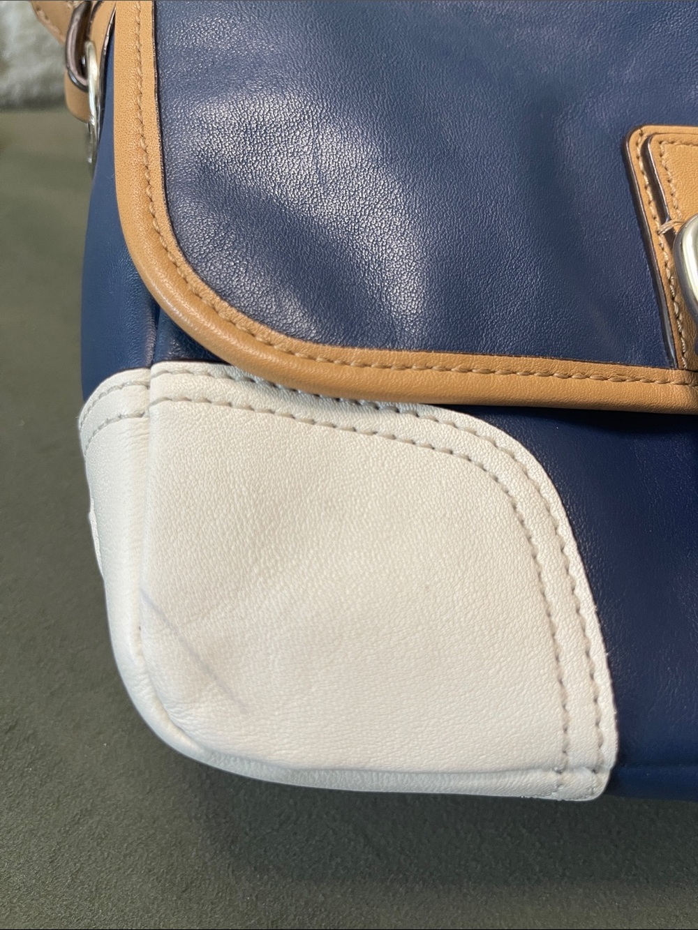 Coach Hadley leather crossbody bag in a navy, tan, and white colorblock design. - Picture 9 of 11